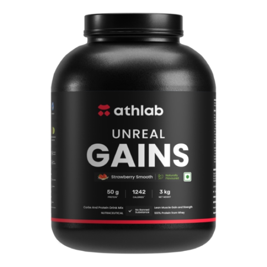 Athlab (by Nutrabay) Unreal Gains Mass Gainer | Organic Tapioca, Naturally Flavoured & Sweetened with Monk Fruit | 50g Protein, 1242 Caloreis, Easy Digesting Weight Gain Protein Powder - Strawberry Smooth, 3 kg