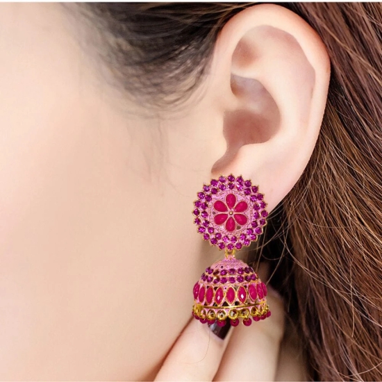 Pink Rhinestone Jhumka Earrings