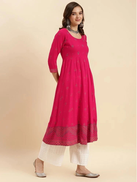 Rangita Women Pink Rayon Printed Calf Length Front Slit Kurti - None