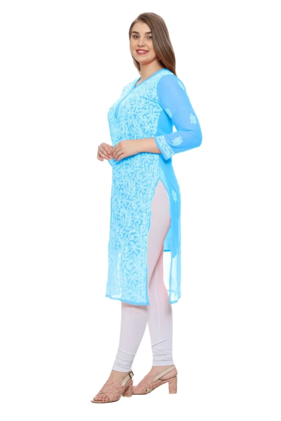 Lavangi Women Lucknow Chikankari Sky Blue Georgette Kurti with Matching Cotton Inner