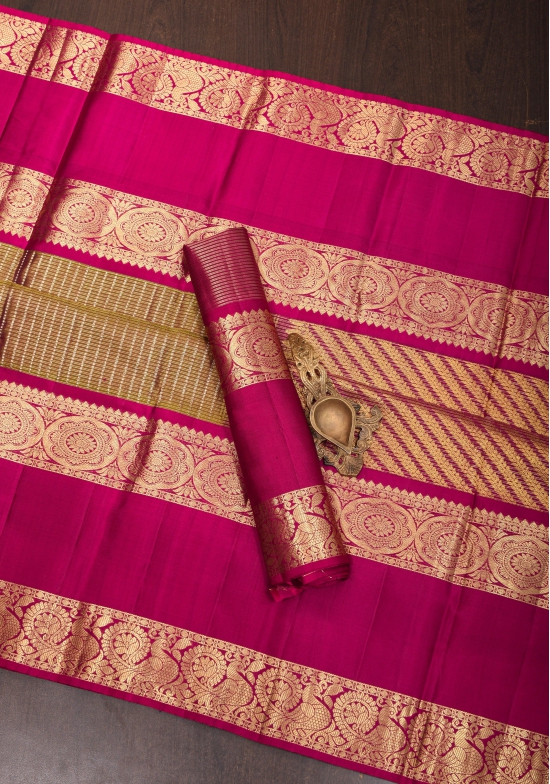 Moss Green Pure Silk Kanjivaram Saree with zari stripes and contrast rettaipet border | SILK MARK CERTIFIED