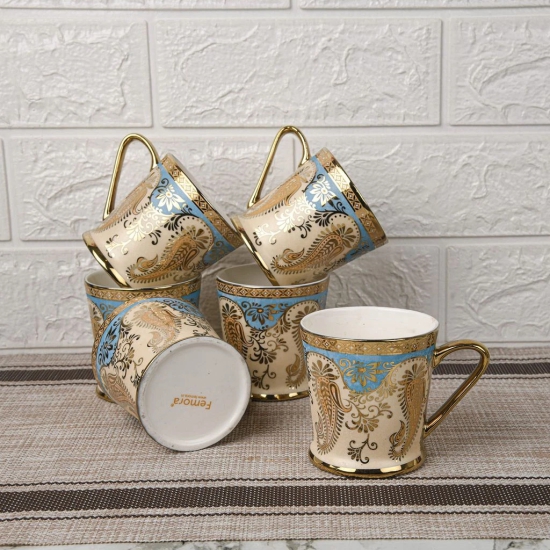 Femora Golden Leaf Tea Mugs, Ceramic Tea Cups, Coffee Mugs (180 ml, Golden) - 6 Pcs Set