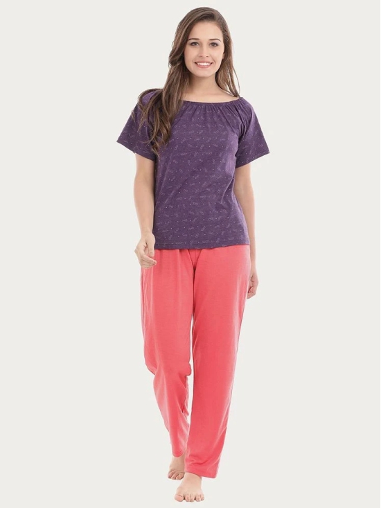 Clovia Poly Cotton Pajamas - Purple - L