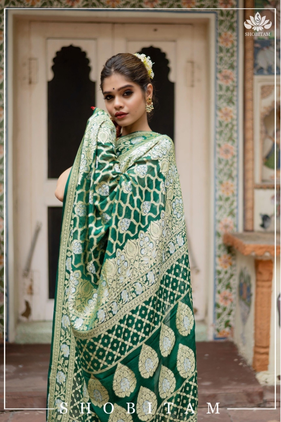 Banarasi Silk Georgette Saree in Alfi Sona Rupa Brocade Jaal Weave in Bottle Green | SILK MARK CERTIFIED