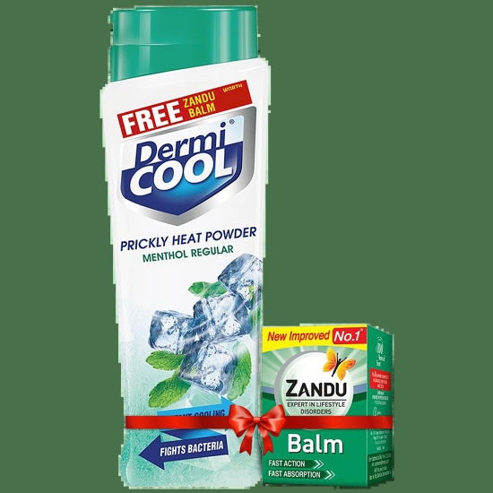 Dermi Cool Prickly Heat Powder Menthol Regular, 150G (Get Zandu Balm Free)