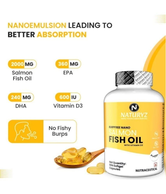 NATURYZ BURPFREE SALMON Fish Oil 2000 Mg with Vitamin D3 for Skin, Eyes, Heart & Brain - 90 Softgels