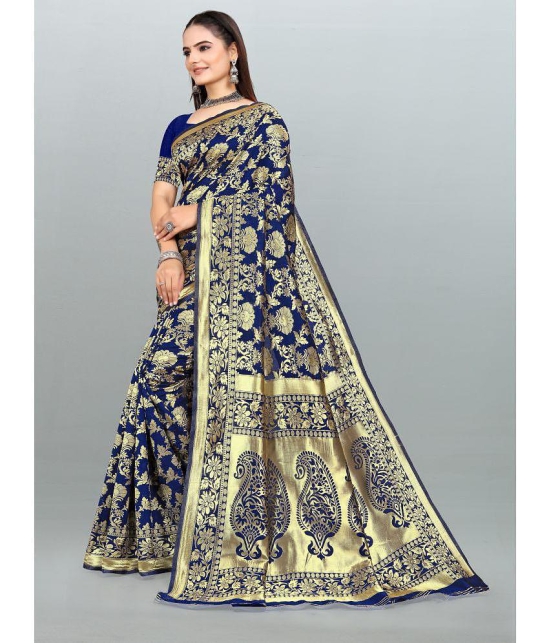 Om Shantam Sarees - Navy Blue Banarasi Silk Saree With Blouse Piece ( Pack of 1 ) - Navy Blue