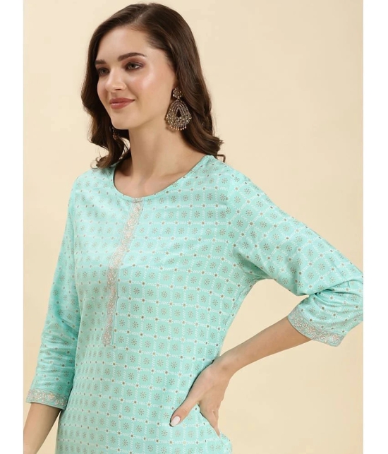 Rangita Women Sea Green Rayon Printed Knee Length Straight Kurti - None