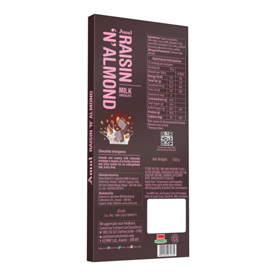 AMUL RAISIN & ALMOND MILK CHOC 150G