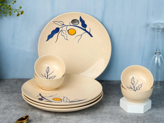 Handcrafted Stoneware Reactive Glaze Ceramic Dinner Set, 8 Pieces Serving for 4, Microwave and Dishwasher Safe, Bone-ash Free, Crockery Set for Dining and Gifting, Feather White