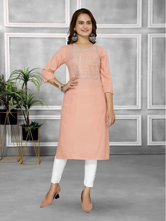 Rangita Women Rayon Peach Embroidered Knee Length Straight Kurti - None