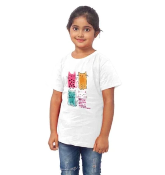 Girls Cotton Cat Half Sleeve TShirt (White) PID41470