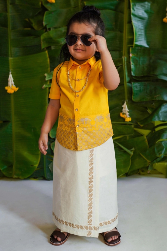 2 Pc Mundu Dhoti Shirt Set-Yellow 6M