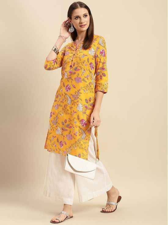 Rangita Women 100% Cotton Yellow Floral Printed Knee Length Straight Kurti - None