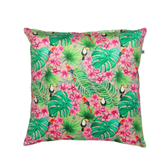 Tropical Woodpecker Whimsy Printed Velvet Multicolour Cushion Cover, 40 cm x 40 cm