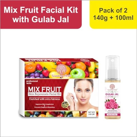 Soundarya Herbs Facial Kit (140g) with Free 100ml Gulab Jal (Rose Water) | Achieve a Radiant Glow Like a Rose (Mixx Fruit Papaya)