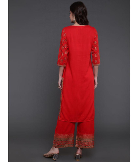 Antaran Rayon Embroidered Kurti With Pants Womens Stitched Salwar Suit - Red ( Pack of 2 ) - None