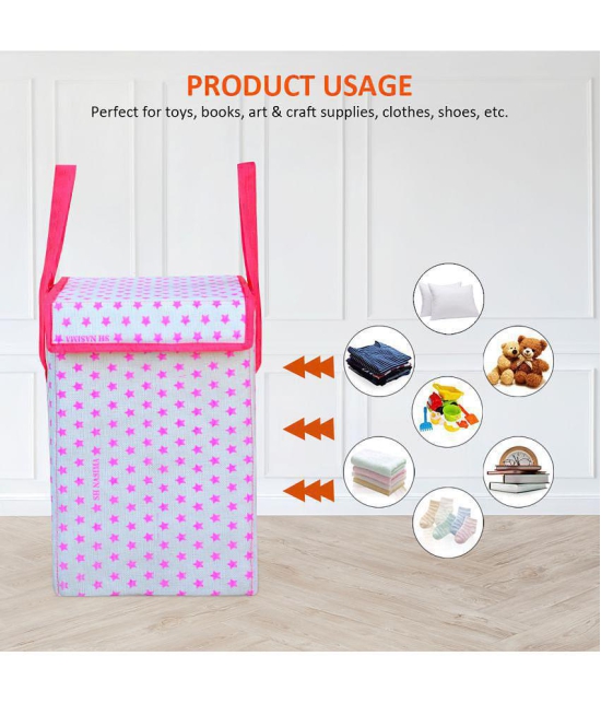  45 L-Pink Nylon Foldable Storage Box/Laundry Bag for Clothes|Toy Storage Box with Lid & Handle, Toys Organiser with Side Handles