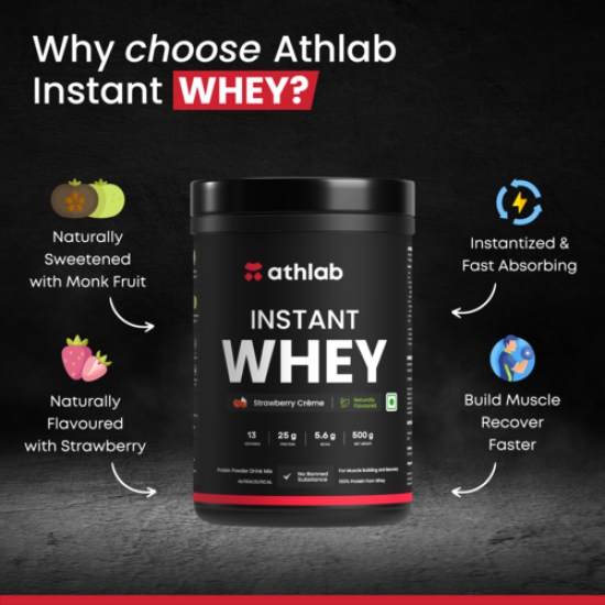 Athlab (by Nutrabay) Instant Whey Protein| Naturally Flavoured & Sweetened with Monk Fruit | No Preservatives, 25g Protein - Strawberry Crème, 500g