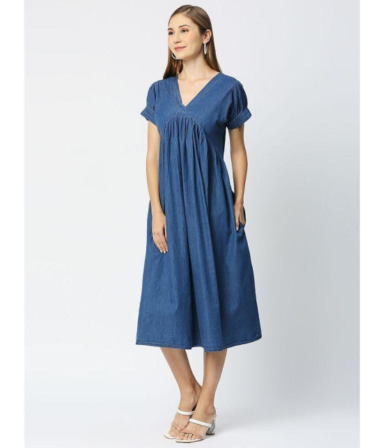 CEFALU Denim Solid Midi Women''s A-line Dress - Blue ( Pack of 1 ) - None