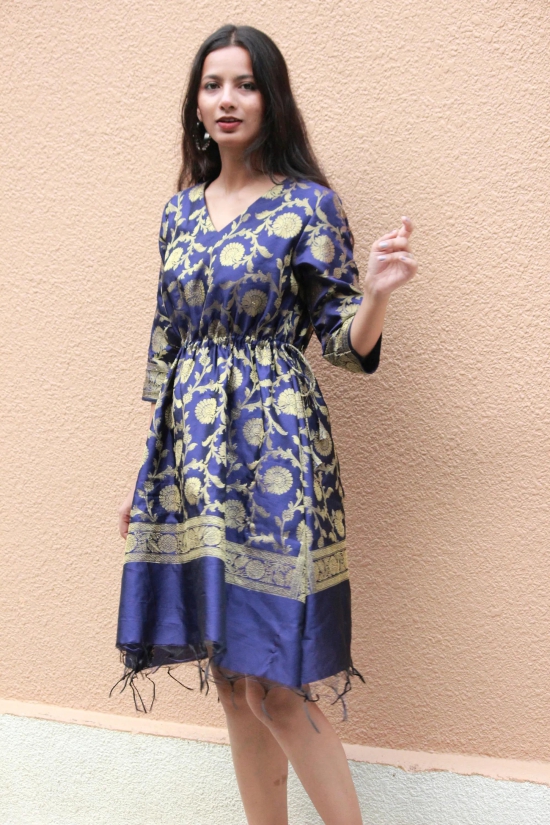 Navy Blue Gold Banarasi Silk Kaftan Dress-M