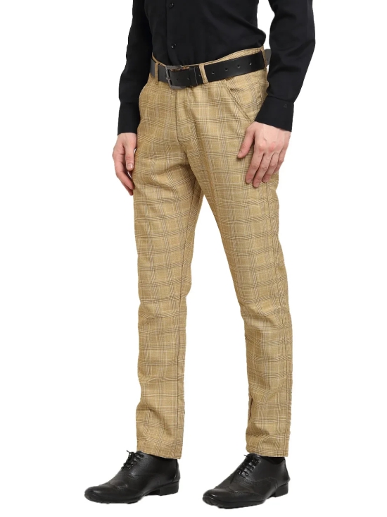 Indian Needle Men's Beige Cotton Checked Formal Trousers-30 / Beige