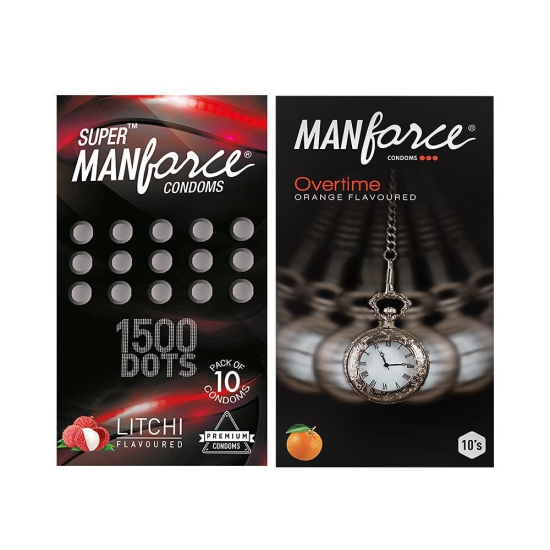 Manforce Overtime Orange and Litchi Flavoured Condoms 20 Pieces (Pack of 2)