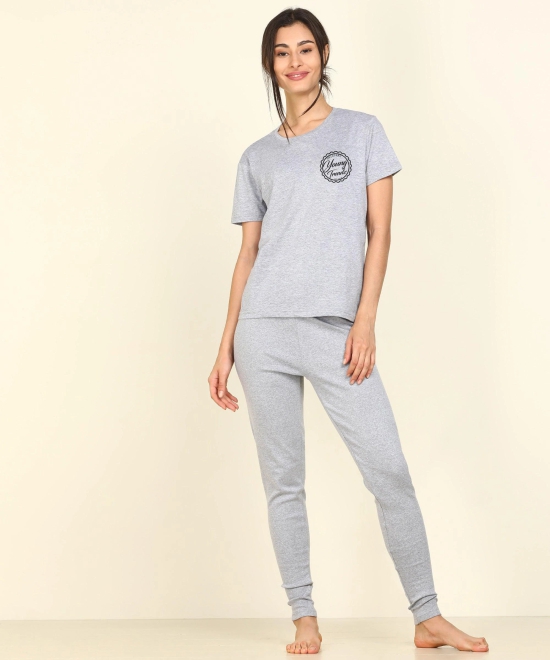 Womens Lounge Wear Regular Fit T-Shirt And Print Tights Set-S / Grey