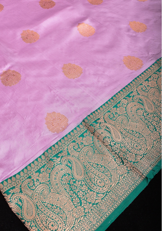 Thistle Banarasi Katan Silk Saree with Damask buttas and Rama Contrast | SILK MARK CERTIFIED