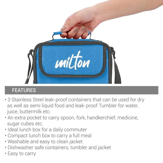 Milton Steel Combi Lunch Box with 3 Containers and 1 Tumbler with jacket | Light Weight | Microwave Safe Light Blue