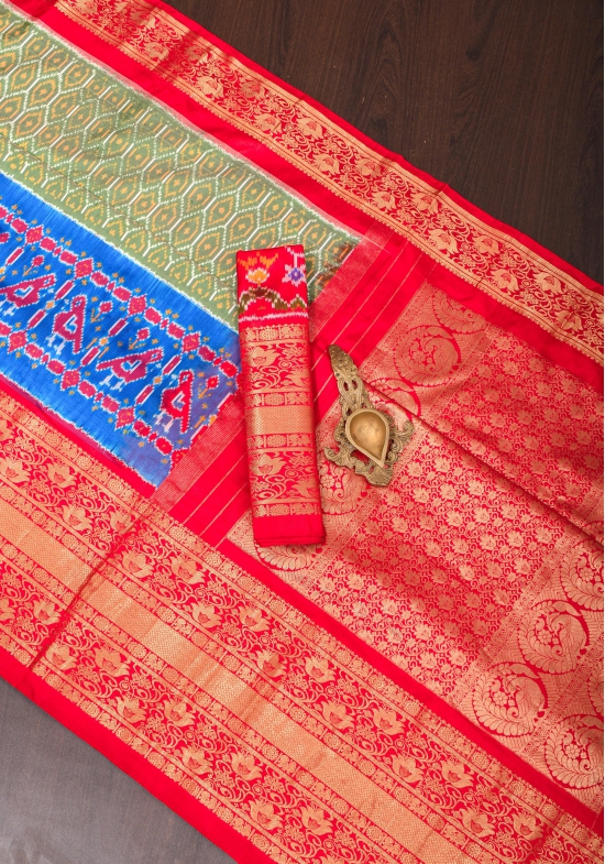 Ikkat Patola Kanjivaram Fusion Silk Saree in Olive Green with Blue Ikkat Panel and Red Zari borders |SILK MARK CERTIFIED