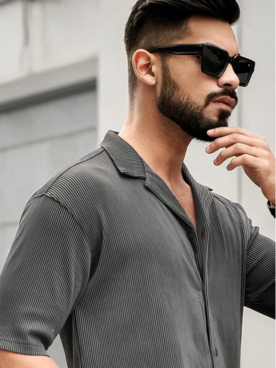 Stripe Textured Grey Half Sleeve Shirt-L / Grey