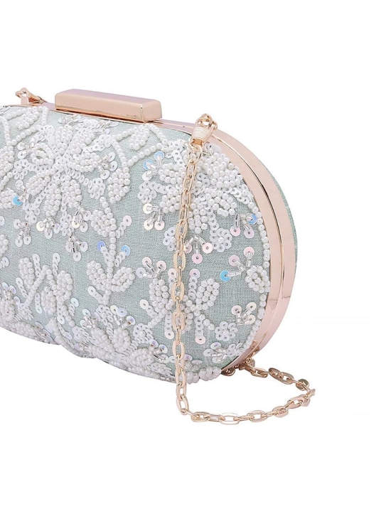 Embellished sea green hand embroided hand clutch party bag