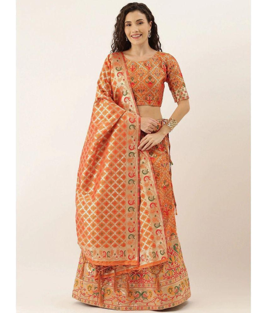 Om Shantam Sarees Orange Banarasi Silk Chaniya Choli Semi Stitched Lehenga - Free Size