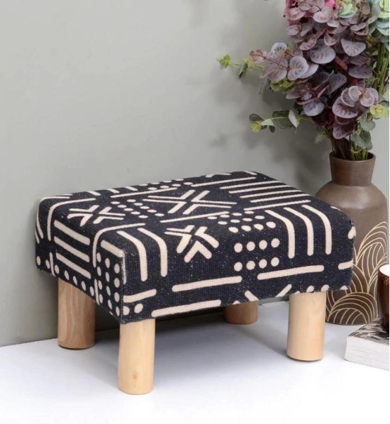 Solid Wood Foot Stool In Cotton Black Colour-Black