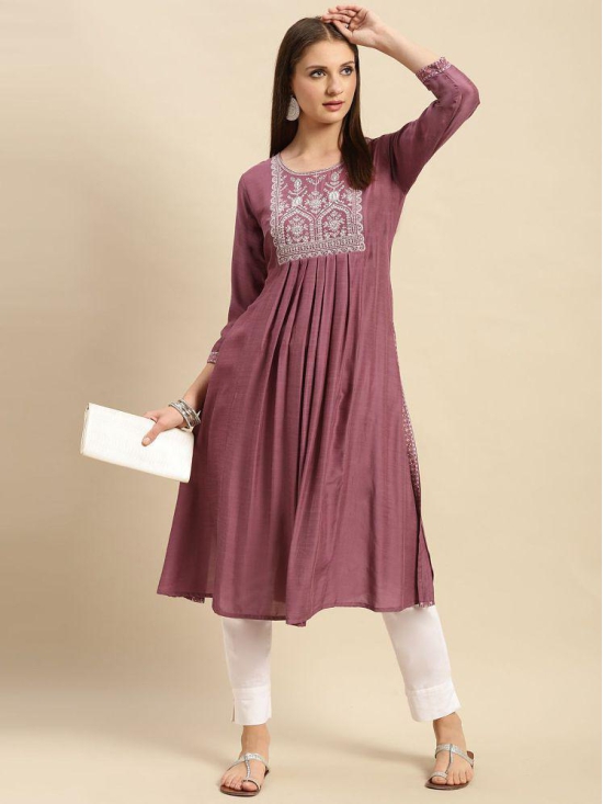 Rangita Women Viscose Blend Mauve Yoke Embroidered Calf Length Partywear A-Line Kurti - None