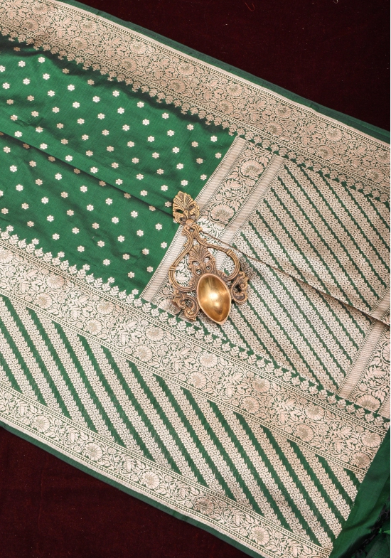 Bottle Green Banarasi Katan Silk Saree with Chunri Butis and Skirt Border | SILK MARK CERTIFIED