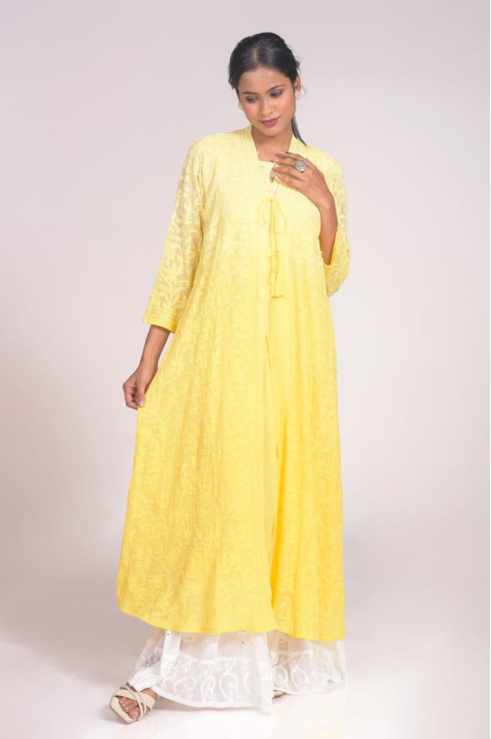 Ladies New Fashion Georgette Hand Chikankari Kurti Yellow