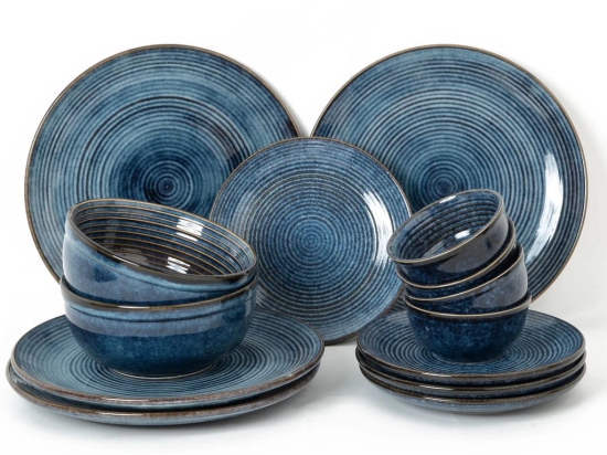 Handcrafted Stoneware Reactive Glaze Ceramic Dinner Set, 14 Pieces Serving for 4, Microwave and Dishwasher Safe, Bone-ash Free, Crockery Set for Dining and Gifting, Reactive Blue