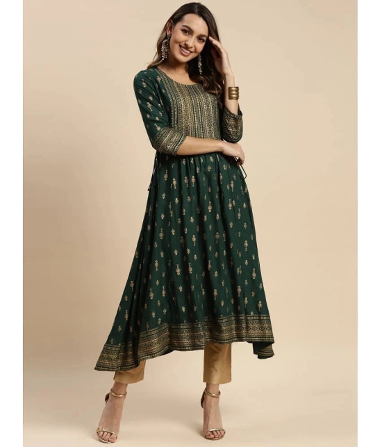 Rangita Women Rayon Green Gold Printed Calf Length Kurti Anarkali - None