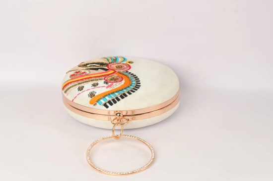 Embellished Cream With Multi Color Round Shape Hand Clutch Cum Sling Hanging Bag