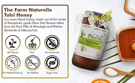 Farm Naturelle-Raw Natural Ayurvedic Unprocessed Tulsi Forest Flower Honey with Huge Medicinal Value and Clove Infused Forest (Jungle) Honey-(700gm+75gm Extra+Wooden Spoons.) x 2 Sets.