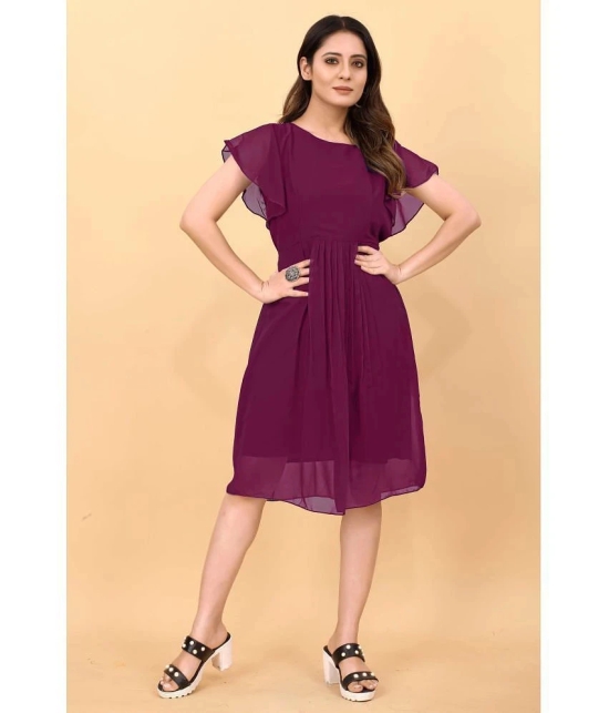 JASH CREATION Georgette Solid Knee Length Womens Fit & Flare Dress - Purple ( Pack of 1 ) - None