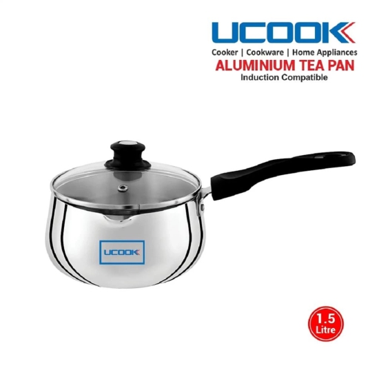 UCOOK by United Ekta Engg. 1.5 Litre Tea Pan, Sauce Pan and Milk Pan with Glass Lid Induction Base Aluminium, Silver