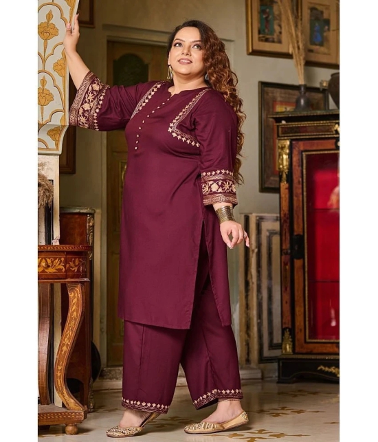 PrettyPlus by Desinoor.com Burgundy Embroidered Pant Top Set - None