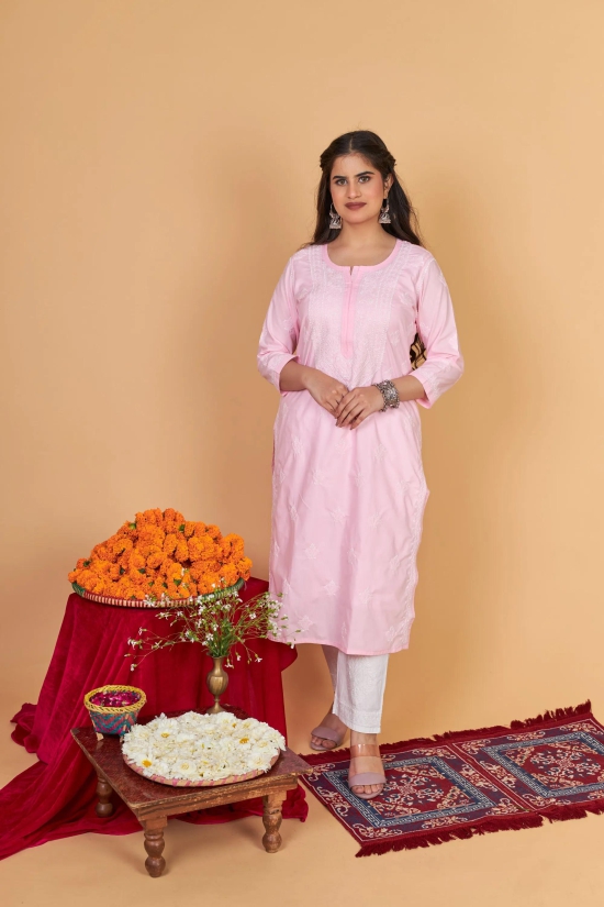 Soft Cotton Chikankari Kurti-Pink-Peach / XXL