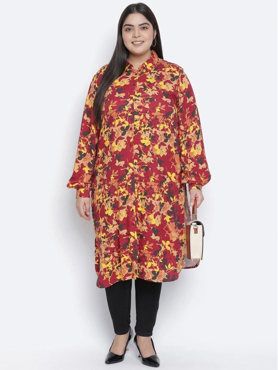 Oxolloxo Maroon & Yellow Viscose Rayon Shirt Collar Printed Tunic