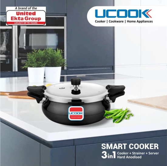 UCOOK By UNITED Ekta Engg. Smart 3 in 1 Hard Anodised Induction Base 3 Litre Handi Shape Multipurpose/All in one Pressure Cooker with Strainer and Glass Lid, Black