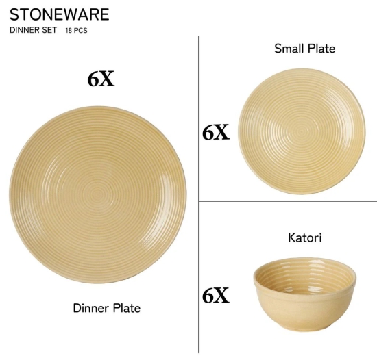 Reactive Handcrafted Premium Ceramic Dinner Set | 6 Dinner Plates, 6 Quarter Plates, and 6 Small Dinner Bowl | Stoneware | Microwave and Dishwasher Safe | Pack of 18 | Yellow Ten