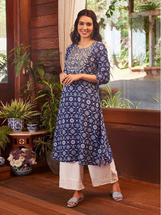 Rangita Women Rayon Blue Embroidered Calf Length A-line Kurti - None